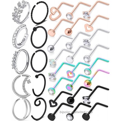 Yaalozei 18g Nose Rings for Women L Shape Nose Rings Stud Surgical Stainless Steel Nose Rings Hoop Studs Diamond Heart Nostril Nose Body Piercing Jewelry for Women Men Silver Rose Gold Black Rainbow