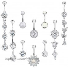 YOVORO 10PCS 14G 316L Stainless Steel Dangle Belly Button Rings for Women Navel Rings Curved Barbell Body Piercing Silver-tone