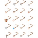 YOVORO 20G 20Pcs Stainless Steel L Shaped Nose Rings CZ Nose Stud Body Piercing Jewelry D 20PCS Rose-Gold