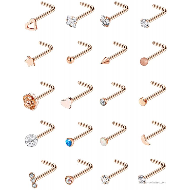 YOVORO 20G 20Pcs Stainless Steel L Shaped Nose Rings CZ Nose Stud Body Piercing Jewelry D 20PCS Rose-Gold