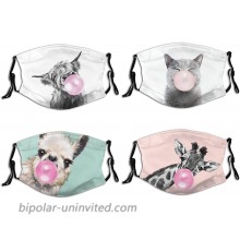 4 Pcs Grey Cat Alpaca Giraffe Animal Pink Bubble Gum Face Mask With Filter Pocket Reusable Washable Breathable Anti-Dust Wind Sun-Proof Fashion Balaclava For Adult
