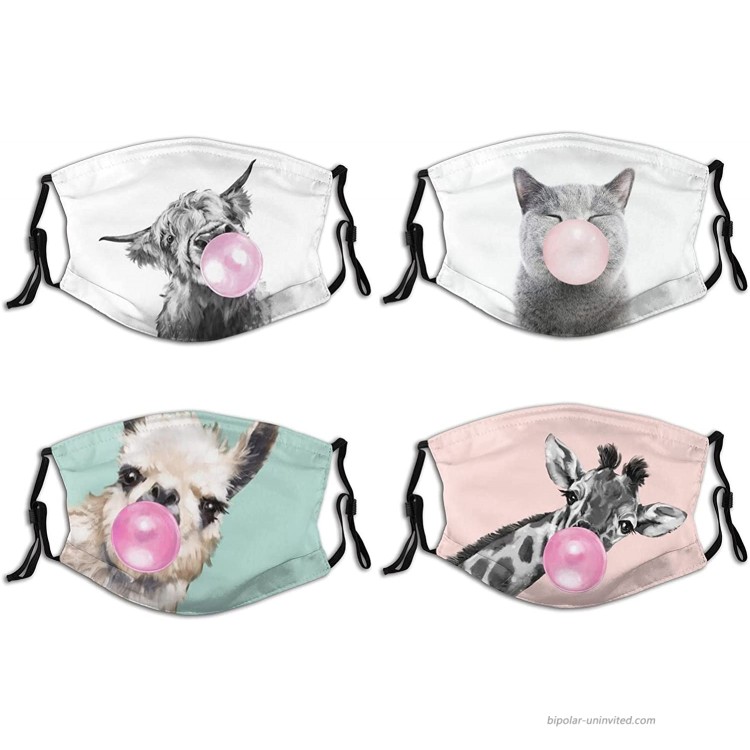 4 Pcs Grey Cat Alpaca Giraffe Animal Pink Bubble Gum Face Mask With Filter Pocket Reusable Washable Breathable Anti-Dust Wind Sun-Proof Fashion Balaclava For Adult