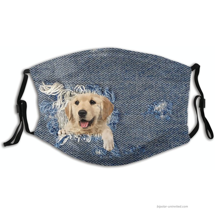 Golden Retriever in Denim Animal Cloth Face Mask Washable Adjustable Bandanas Balaclava Dust-Proof Print Reusable Fabric Mask With 2 Pcs Filters for Women Men at Men’s Clothing store