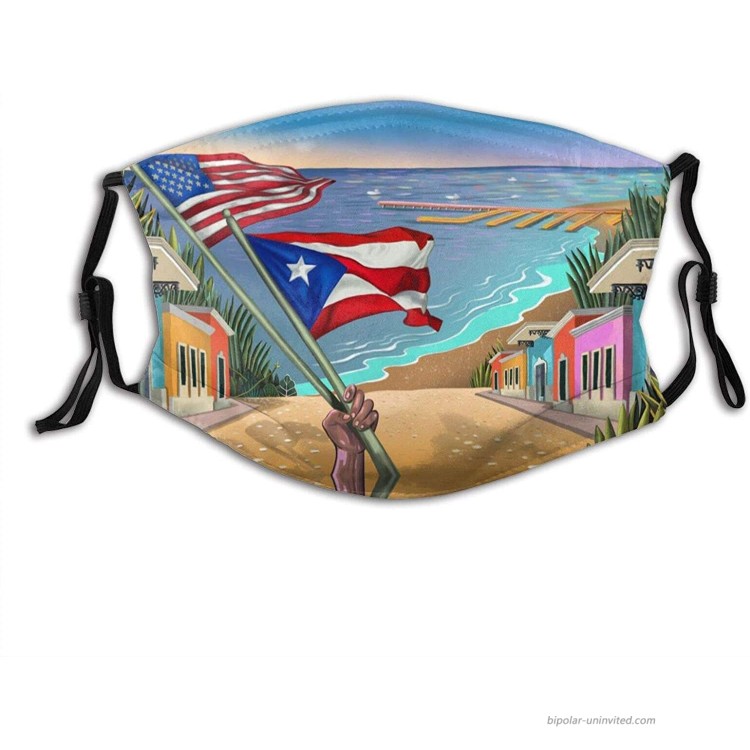 Puerto Rico Flag Face Mask Funny Puerto Mask Comfortable Reusable Bandana Adjustable Scarf For Adult With 2 Filters at Men’s Clothing store