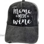 R2N fashions MOM Mama Mom Life Trucker Hats mom Mama Ponytail caps Washed Distressed Mom Hats with Sayings Mama Needs Wine at Women’s Clothing store