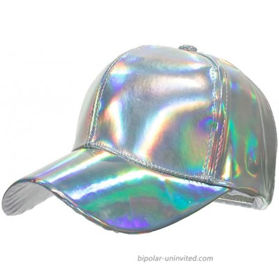 Shiny Holographic Baseball Cap Laser Leather Rainbow Reflective Glossy Snapback Hats Silver at  Women’s Clothing store