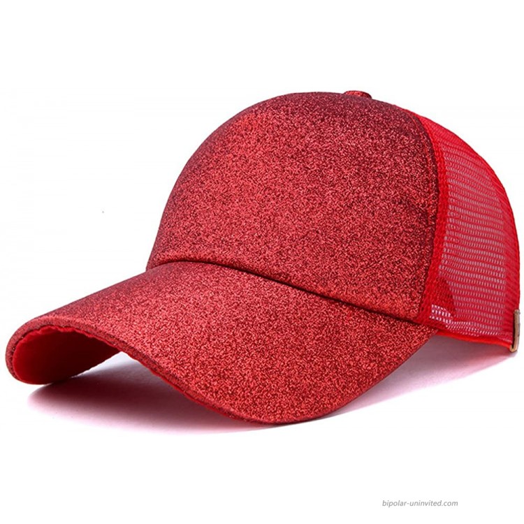 WGIA Ponytail Baseball Cap Glitter Mesh Ponycap Shiny Messy Bun Snapback Adjustable Sun Hat for Women Red at Women’s Clothing store