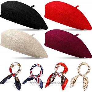 4 Sets French Beret Hat for Women Wool Beret Hat with Square Satin Neck Scarf Beret Beanie Hats 19.7 x 19.7 Inches Neck Head Scarf for Women at  Women’s Clothing store