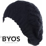 BYOS Winter Chic Leafy Cutout Crochet Knit Slouchy Beret Beanie Hat Double Layers Black at Women’s Clothing store