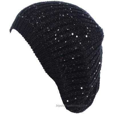 BYOS Women's Cute Subtle Sparkly Sequin Cable Knitted Crochet Beret Beanie Hat Mid-Weight Lightweight Black at  Women’s Clothing store