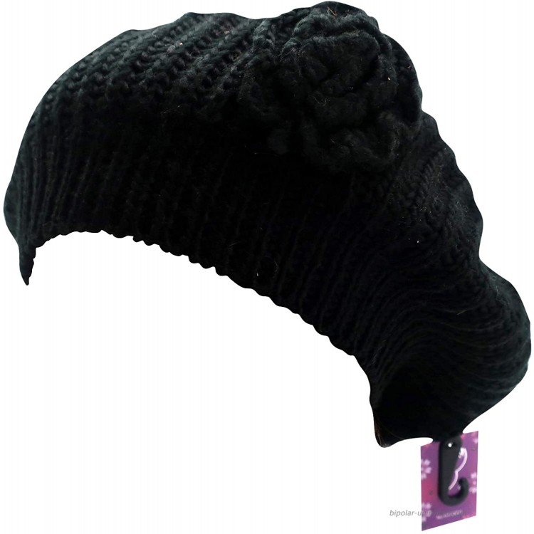 Classic Knit Beret with Knitted Flower - Elegant and Fashionable Hat for Women - Lightweight Warm Comfortable and Stylish Black at Women’s Clothing store