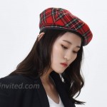 WITHMOONS Wool Beret Hat Tartan Check Leather Sweatband KR9539 Red at Women’s Clothing store