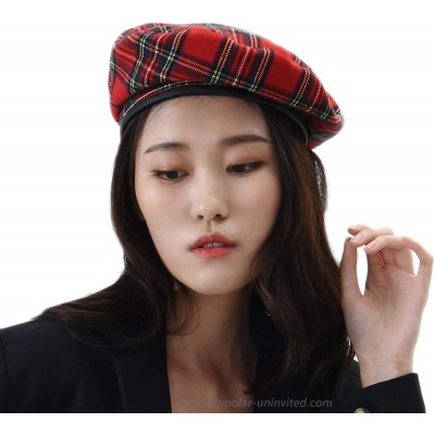 WITHMOONS Wool Beret Hat Tartan Check Leather Sweatband KR9539 Red at  Women’s Clothing store