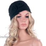 Womens Gatsby 1920s Winter Wool Cap Beret Beanie Crochet Bucket Flower Hat A285 Black at Women’s Clothing store