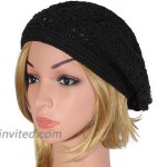 ZLYC Women Cotton Slouchy Crochet Beret Handmade Cutout Floral Beanie Hat Plain Black at Women’s Clothing store