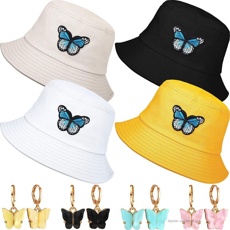 4 Pieces Butterfly Bucket Hat with Butterfly Dangle Hoop Earrings Summer Fisherman Cap for Men Women at Women’s Clothing store