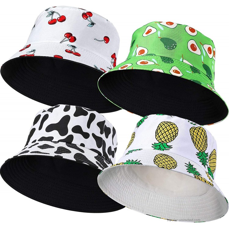 4 Pieces Summer Bucket Hats Fruit Printed Sun Protection Hats Double-Side-Wear Reversible Fisherman Cap Cherry Pineapple Cow Beach Hats for Women Teens Girls at Women’s Clothing store