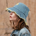 Arogheiz Denim Bucket Hat Frayed Brim Washed Worn Out Design Fisherman Beach Sun Hats with 4 Pieces Iron On Patches Orange at Women’s Clothing store