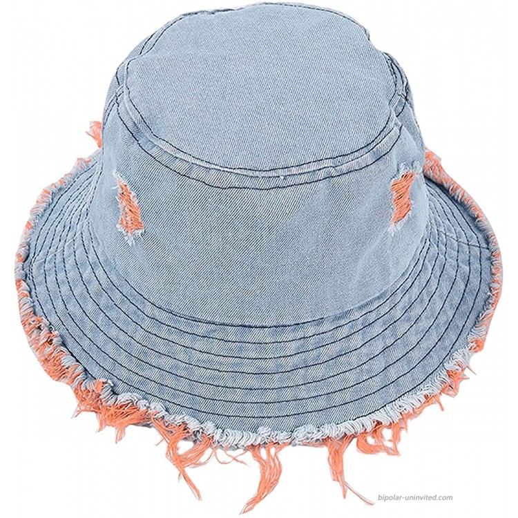 Arogheiz Denim Bucket Hat Frayed Brim Washed Worn Out Design Fisherman Beach Sun Hats with 4 Pieces Iron On Patches Orange at Women’s Clothing store