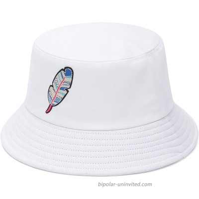 GEMVIE Bucket Hat for Womens Feather Embroidery Cotton Bucket Sun Hat Packable Fisherman Hat for Travel Outdoor White