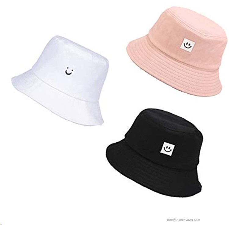 OVOY Smiling-Embroidery Bucket-hat Unisex Summer-Outdoors Travel Foldable-Hat 3 Pack at Women’s Clothing store