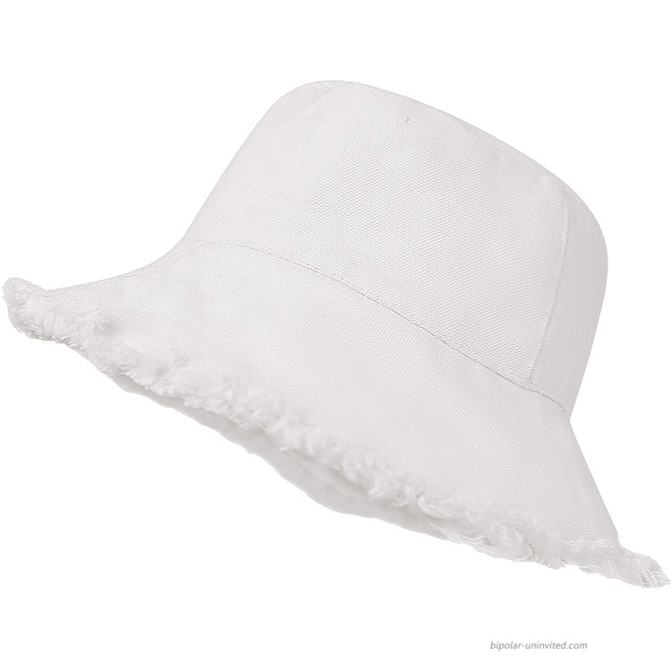 Women Distressed-Washed Bucket-Hat Sun-Protection - Summer Wide-Brim Summer Beach Cap White M at Women’s Clothing store