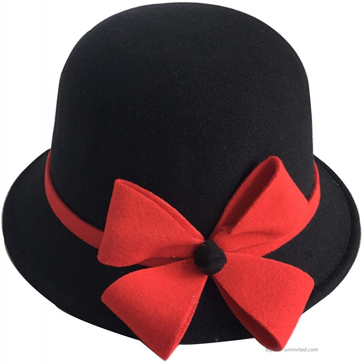 Women Winter Hat Vintage Wool Felt Cloche Bucket Bowler Hat Winter with Bow-Knot Black at Women’s Clothing store