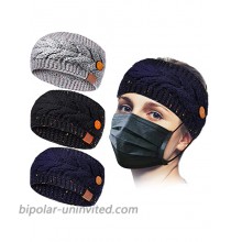 3 Pieces Winter Knit Ear Warmer Headband with Button Crochet Wide Elastic Head Wrap Ear Muffs for Women Girls