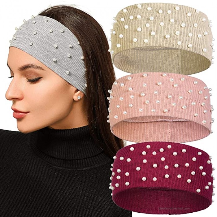 AWAYTR Knitted Headband Winter Ear Warmer - 3Pcs Elastic Knit Ear Warmers with Pearls Winter Hair Band for Women Head Wraps Light Brown Pink Burgundy