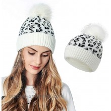 GAngel Warm Leopard Beanie Wool Stretch Hat Faux Fur Pom Winter Cable Cap Knit Stocking Caps Ribbed Cuff Winter Hats for Skiing Sledding for Women and GirlsPack of 1White… at  Women’s Clothing store