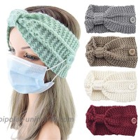 QTMY 5 Pack Winter Knit Warm Knotted Headbands with Buttons for Face Mask Women Elastic Hair Bands Headwrap Earwarmer Earmuff