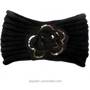 Soft Knit Winter Headband Earmuffs Black w Gold Accented Flower