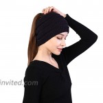 Winter Ear Warmer Cable Knit Headband Ponytail Beanie for Women Black